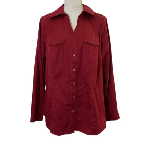 Womens Red Lane Bryant Button Up Front Pockets Long Sleeve 14 Wine Burgundy - Picture 1 of 10